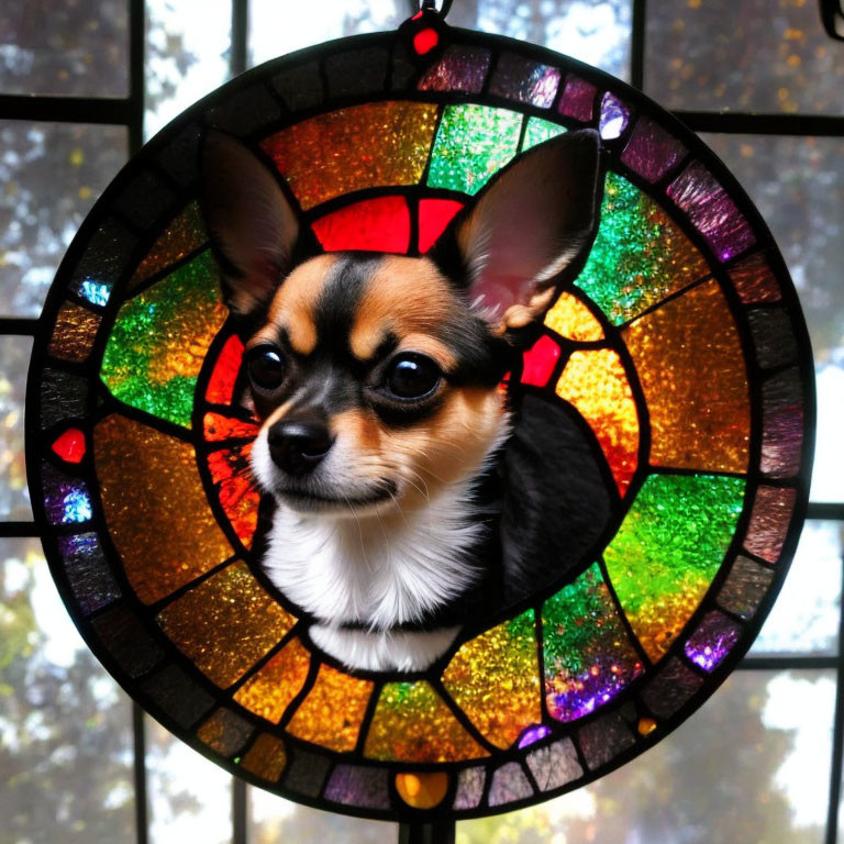 Chihuahua Dog's Face in Colorful Stained Glass Frame