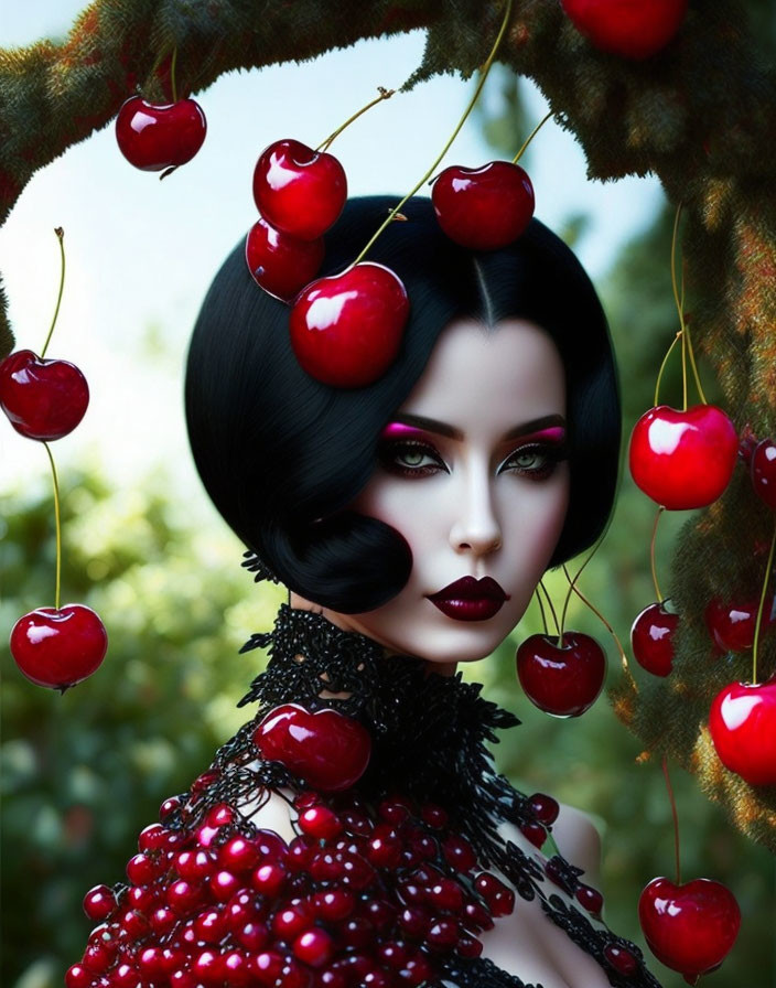 Portrait of woman with pale skin, dark hair, red makeup, cherry-themed outfit