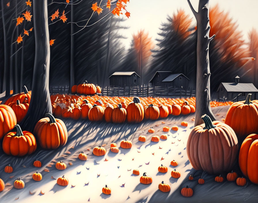 Autumn farm landscape with scattered pumpkins, orange trees, and wooden cabins