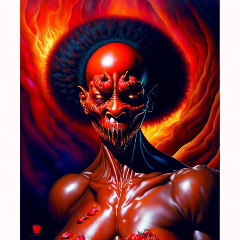 Detailed depiction of demonic figure with red eyes, horns, and fiery aura.