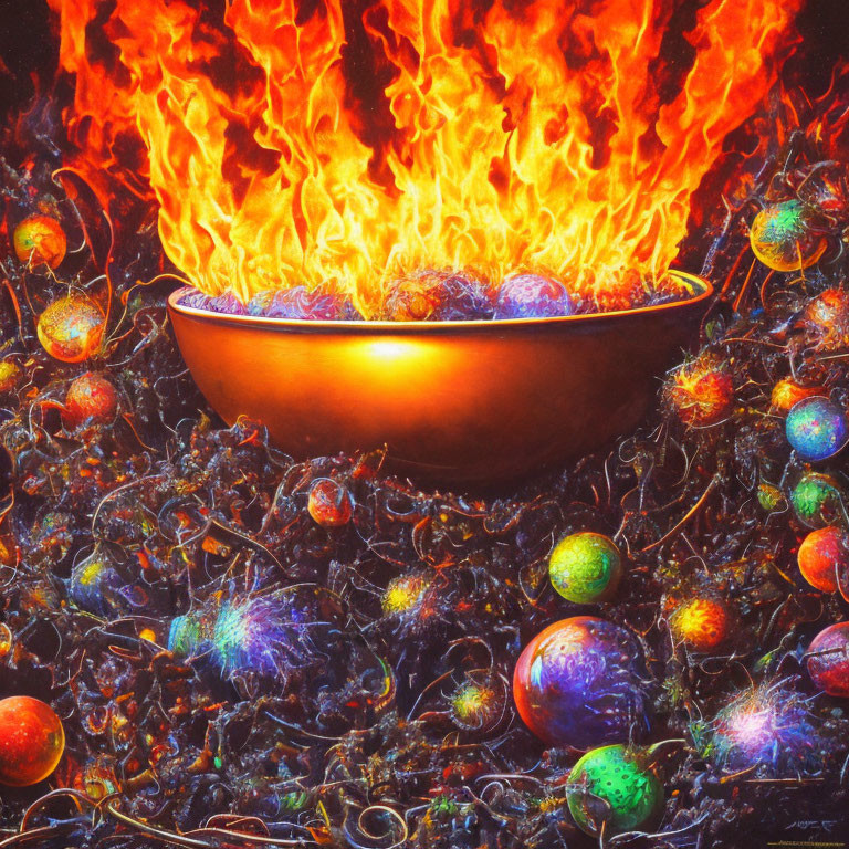 Colorful artwork: Golden bowl with flames and glowing orbs on dark background