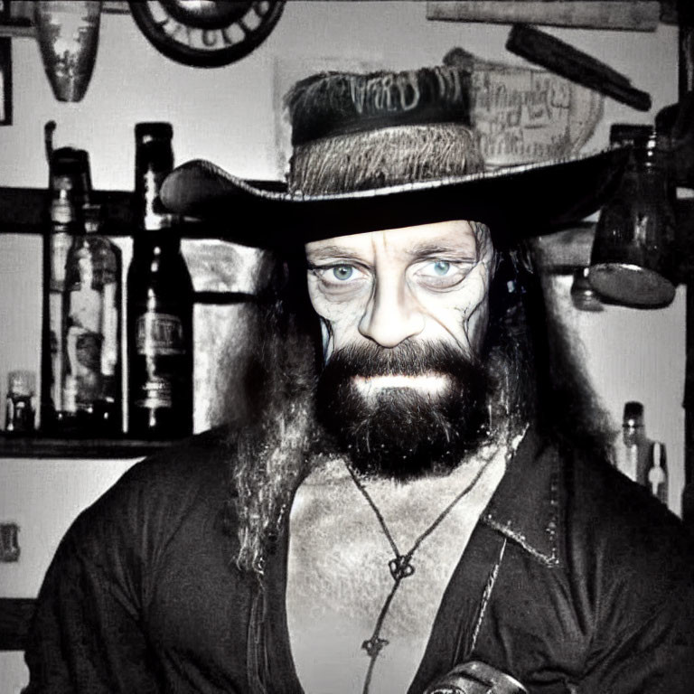 Skull-faced person in wide-brimmed hat with dark beard and intense eyes before shelves of bottles