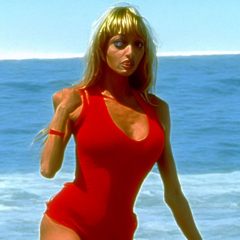 Blonde woman in red swimsuit on beach with ocean view