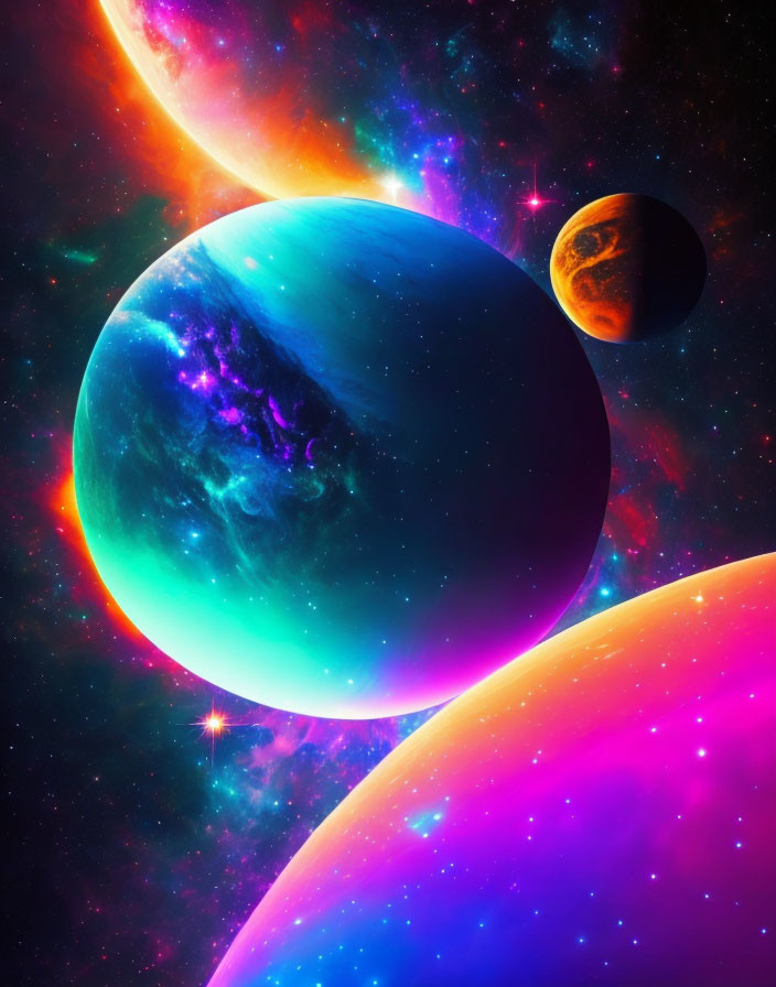 Vibrant planets in cosmic scene with large blue planet.