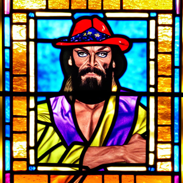 Vibrant stained glass window with cartoon-style wizard figure