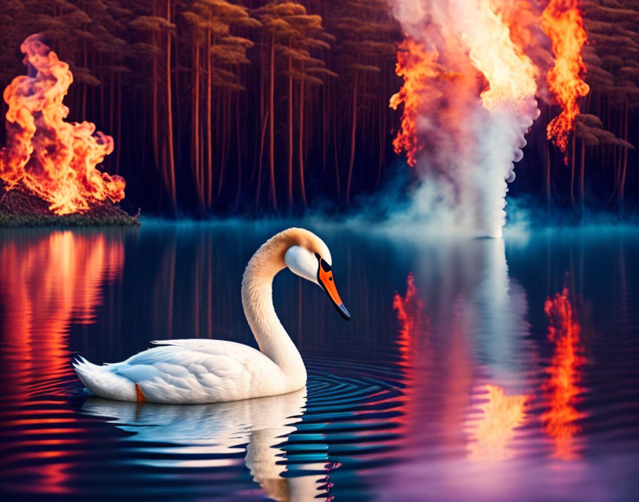 Swan on calm lake with forest fire in background