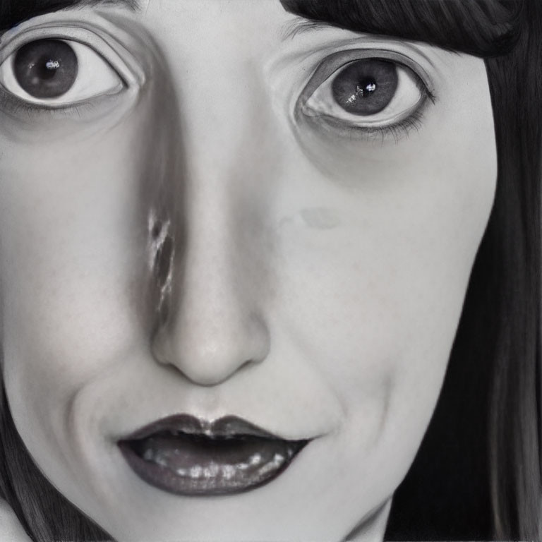 Grayscale painting of person with surreal facial distortion and extra eye