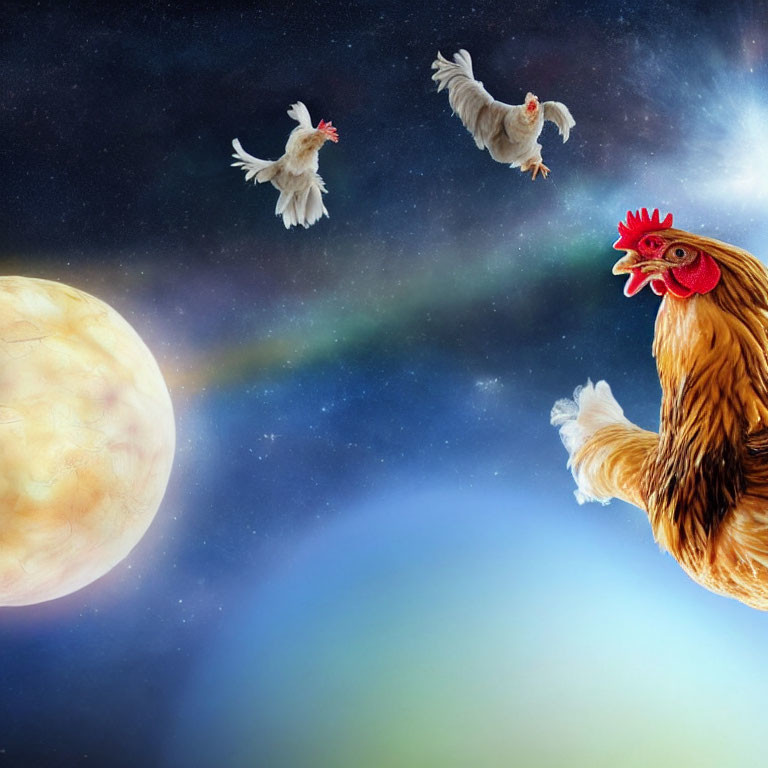 Three chickens in space with planet and nebula.