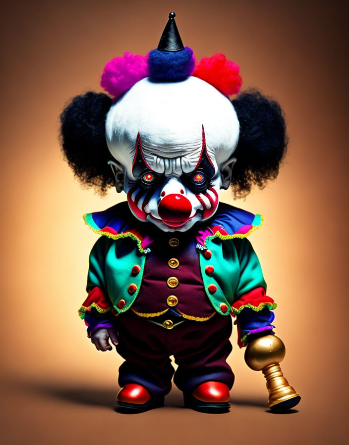 Colorful Creepy Clown Figurine with Oversized Head and Scepter