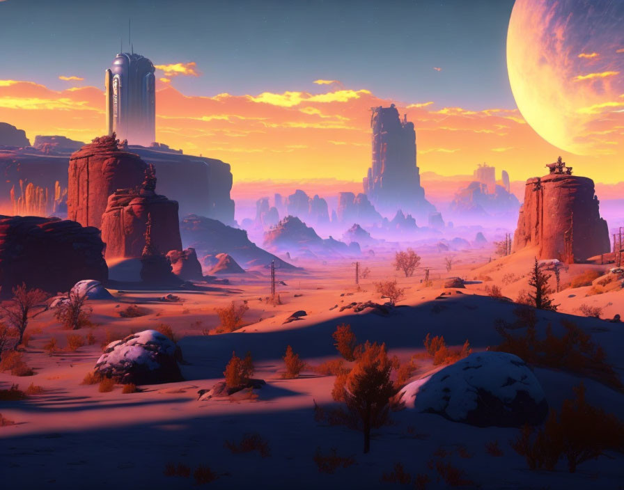 Red Rock Formations and Tower in Futuristic Desert Sunset