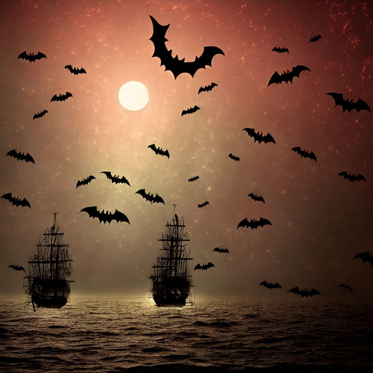 Silhouetted bats flying over sailing ships on a red sunset sea