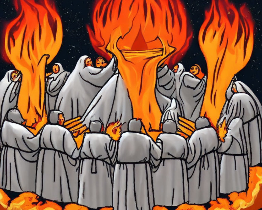 Group of cloaked figures with pumpkin heads around flaming cauldron under starry night sky