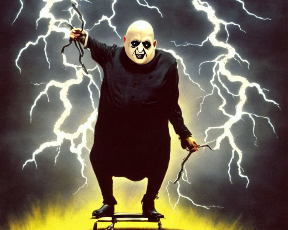 Person in black robe with white mask on skateboard with lightning background