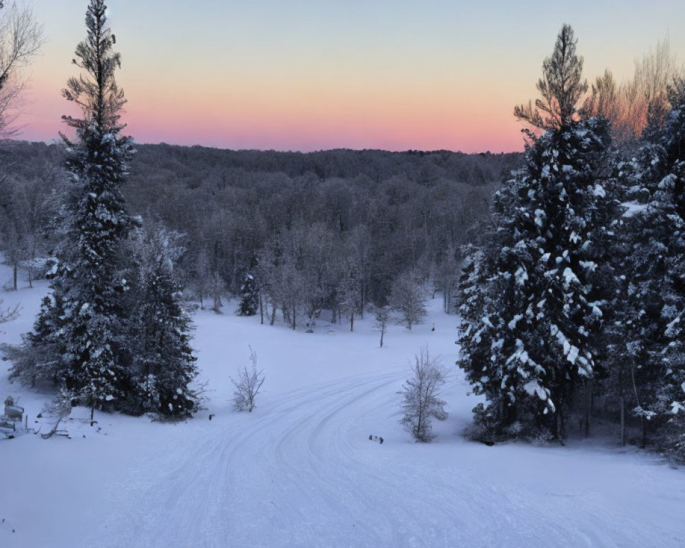 Winter scene: Snowy landscape with pink and blue dusk sky and winding trail