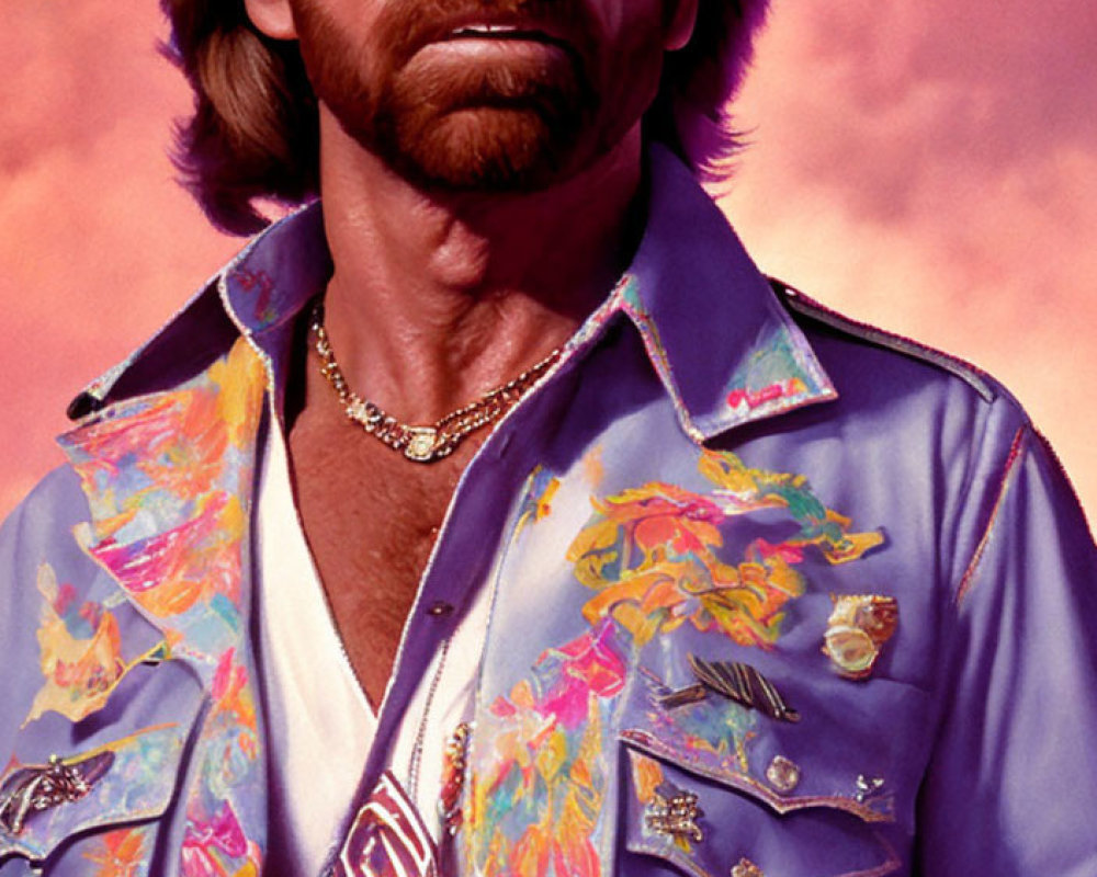 Bearded man in sunglasses and vibrant jacket on pink-clouded background