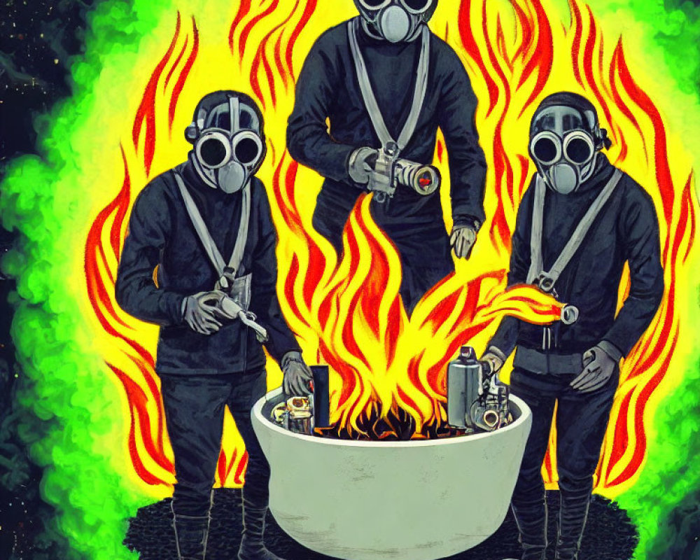 Three people in gas masks by fiery bathtub under starry sky
