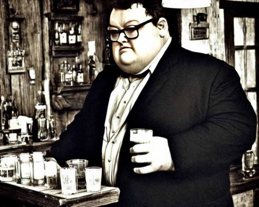 Person with glasses holding a mug behind a bar under warm lighting