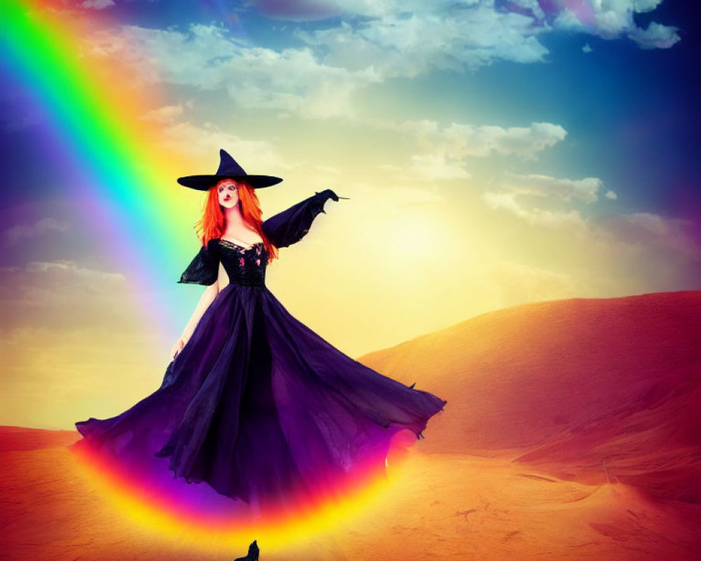 Woman in black witch costume casting colorful spell in desert sands