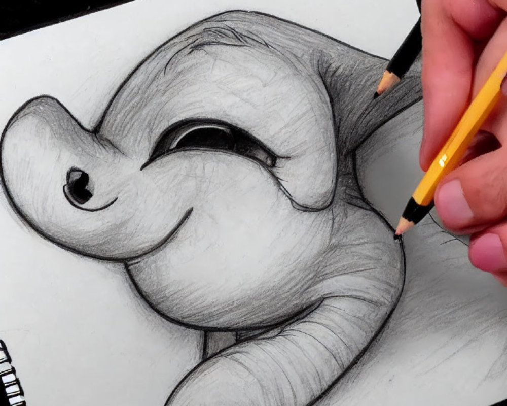 Hand adding details to smiling elephant cartoon sketch with pencil