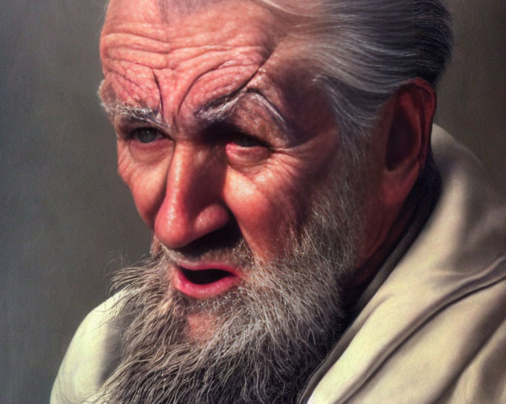 Elderly Man with Long White Beard and Wrinkles gazes Sideways