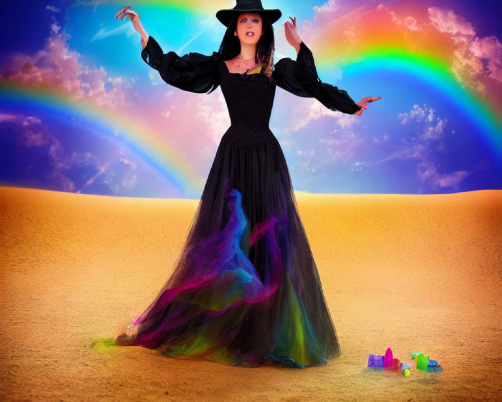 Person in Witch Costume with Multicolored Dress in Desert with Rainbow