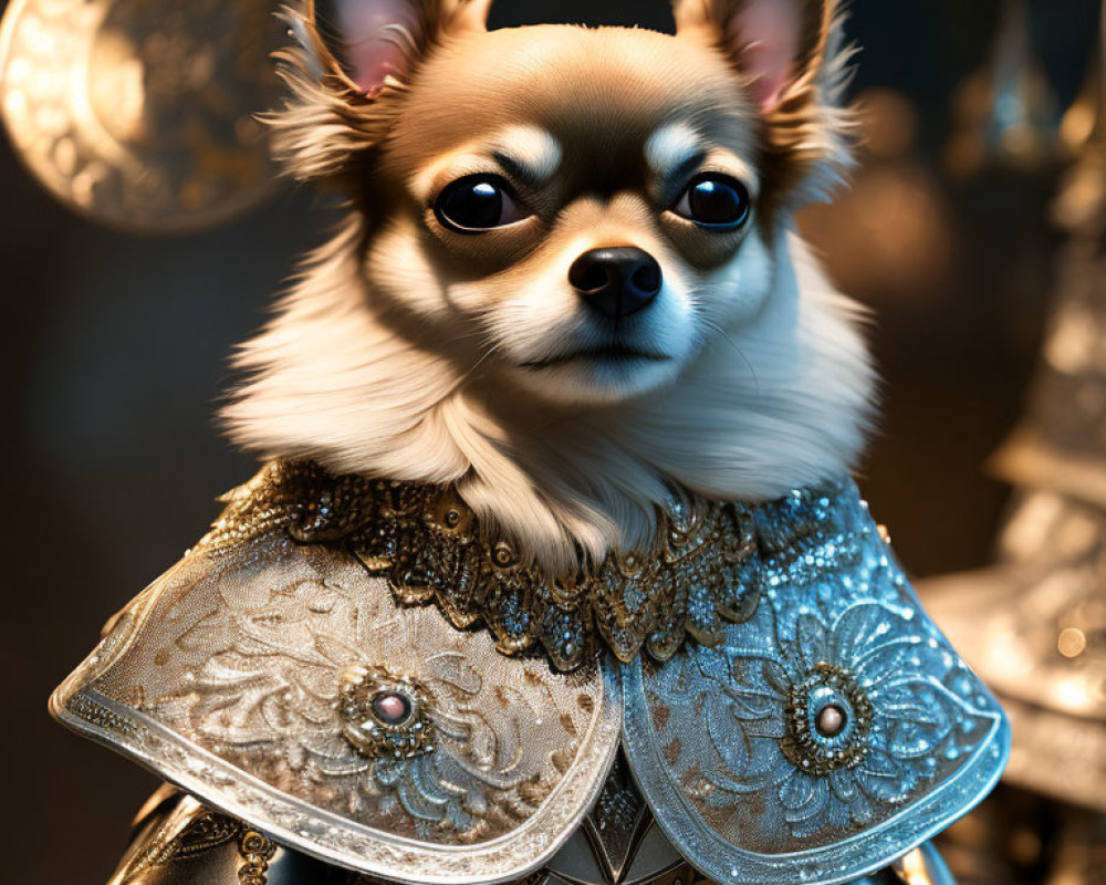 Chihuahua Dog in Silver Armor with Gemstones on Dark Background