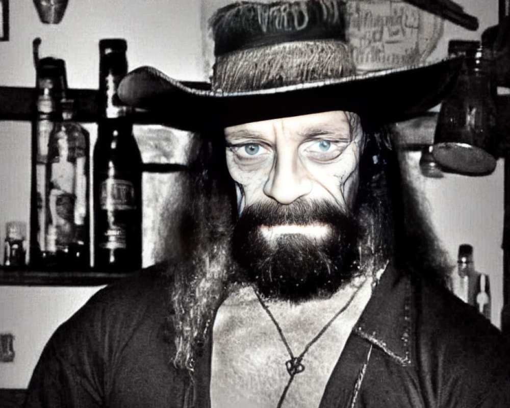 Skull-faced person in wide-brimmed hat with dark beard and intense eyes before shelves of bottles