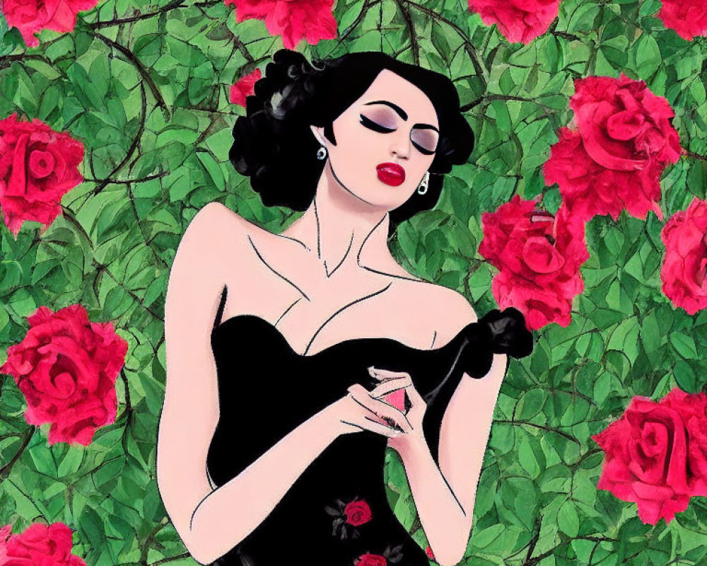 Illustrated woman in black dress with roses on green foliage background