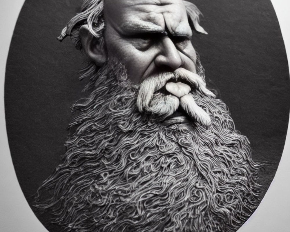 Monochromatic sculpture of elderly man with long beard and contemplative expression against circular backdrop