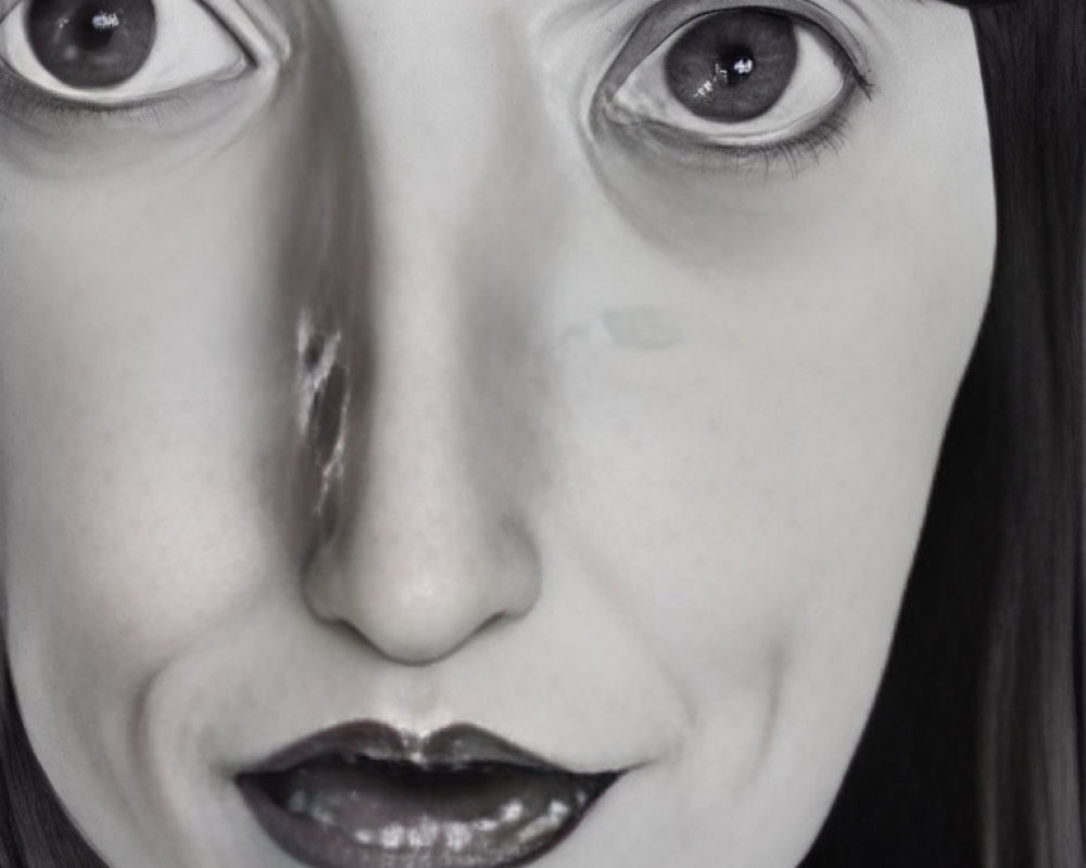 Grayscale painting of person with surreal facial distortion and extra eye