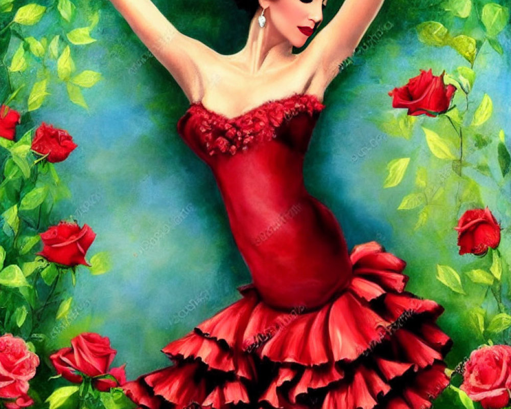 Flamenco dancer in red dress with frills among blooming roses