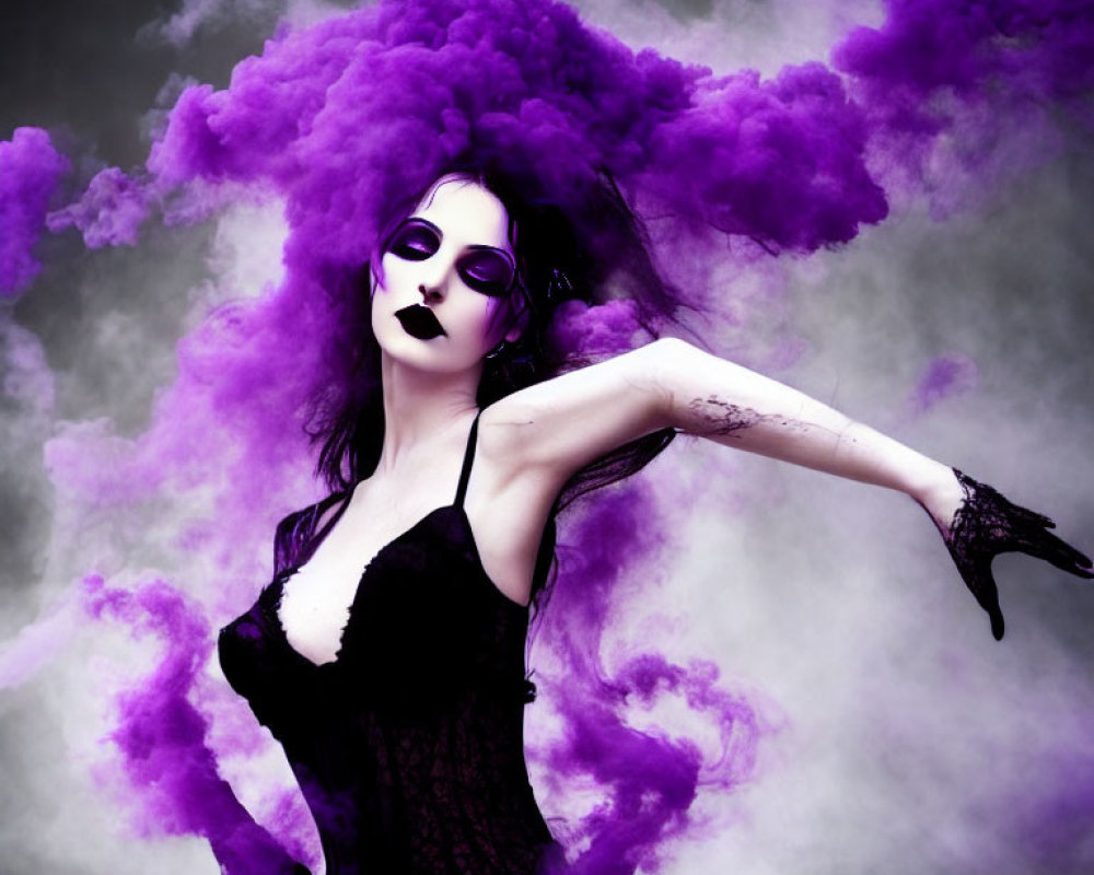 Pale-skinned person in gothic attire with purple smoke and round sunglasses