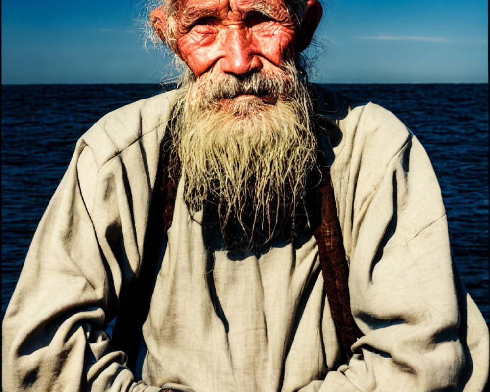 Bearded elderly man in suspenders squinting in sunlight by water