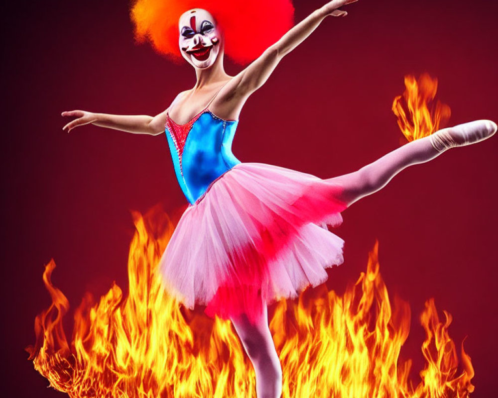 Ballet dancer in clown makeup performing pose with flames on crimson backdrop