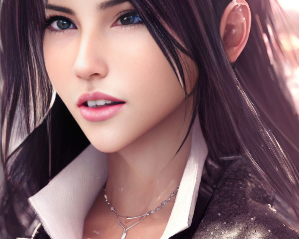 Detailed Digital Portrait of Woman with Striking Blue Eyes and Leather Jacket