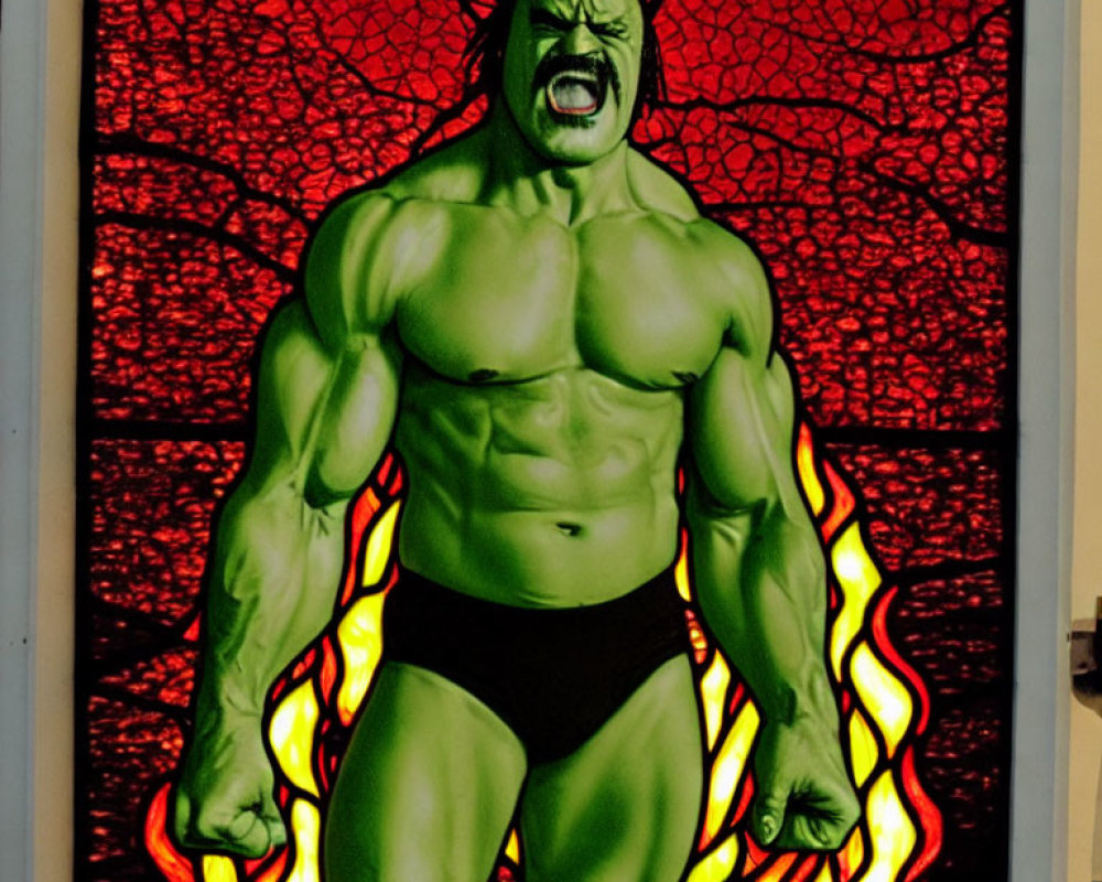 Muscular green figure with horns in fiery background