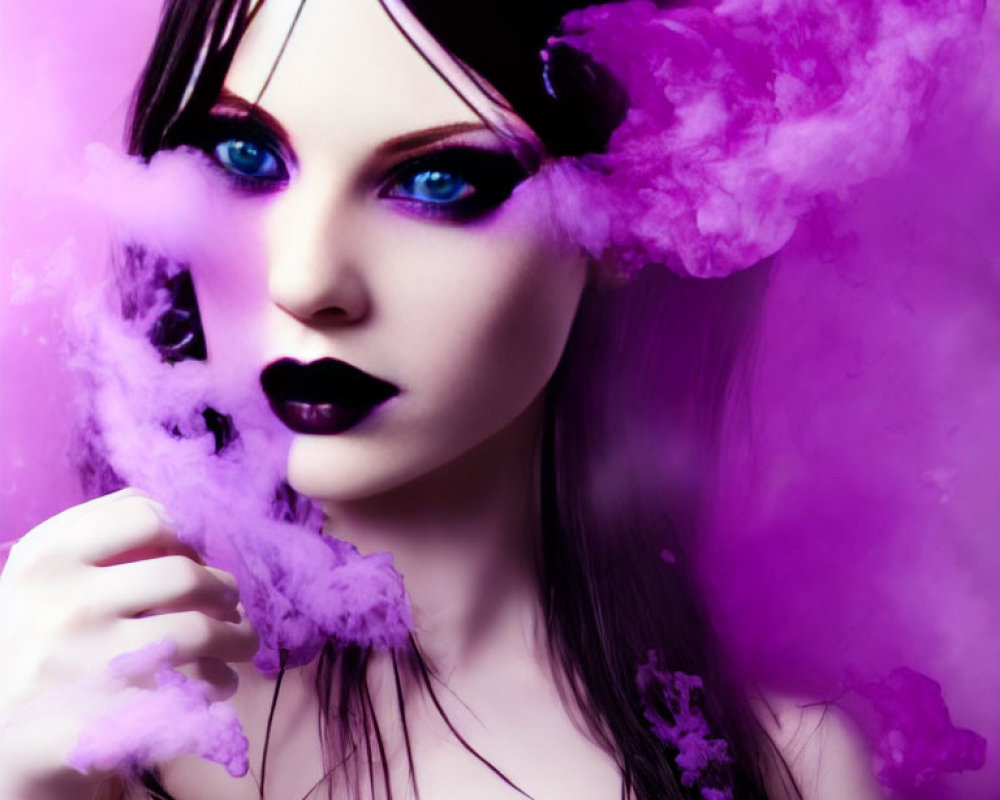 Dark-haired woman with blue eyes in purple smoke exudes mystical intensity