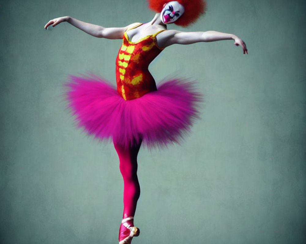 Clown costume dancer performs ballet en pointe