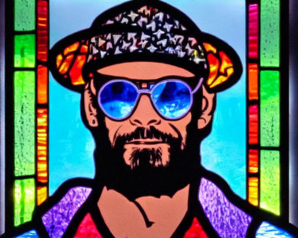 Colorful Stained Glass Portrait of Bearded Man with Blue Sunglasses and Patterned Cap