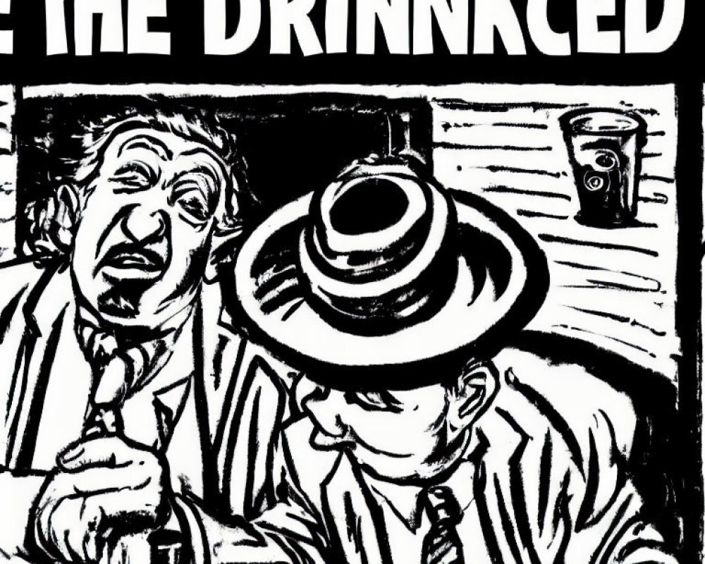 Men at bar: One standing, one sitting with hat and drink - Black and white illustration