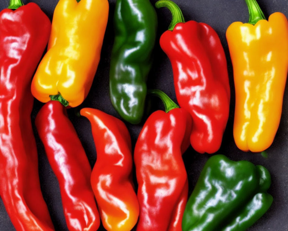 Vibrant red, green, and yellow bell peppers on dark background