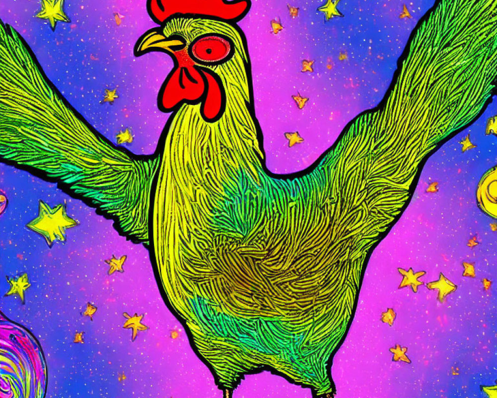 Colorful Rooster Illustration on Psychedelic Star Background