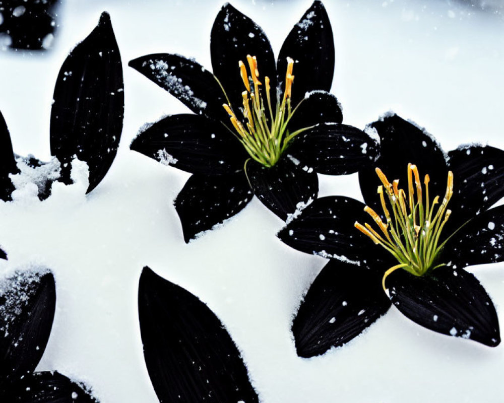 Purple Flowers with Yellow Stamens in Snowy Scene