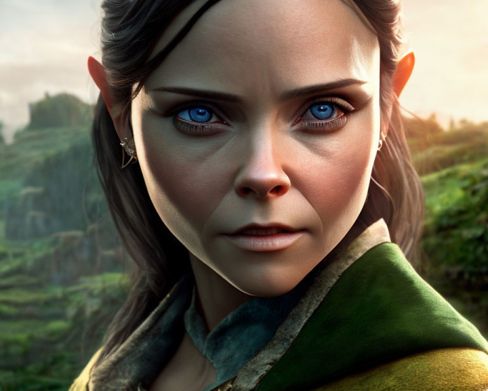 Digital artwork: Female character with blue eyes, green cloak, metallic necklace against blurred background