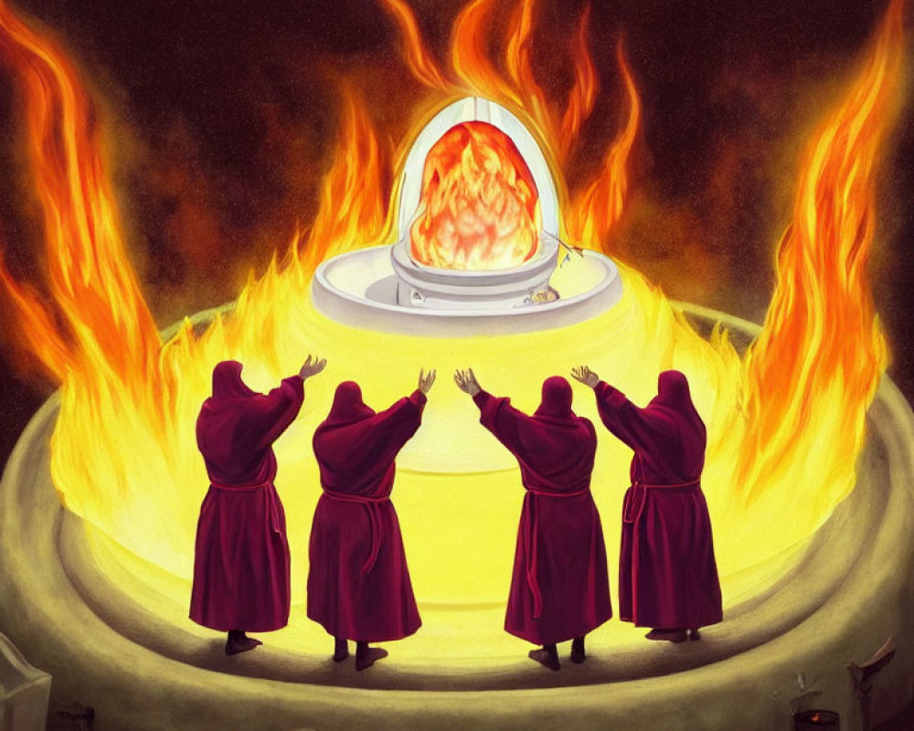 Mysterious ritual with robed figures around fiery orb