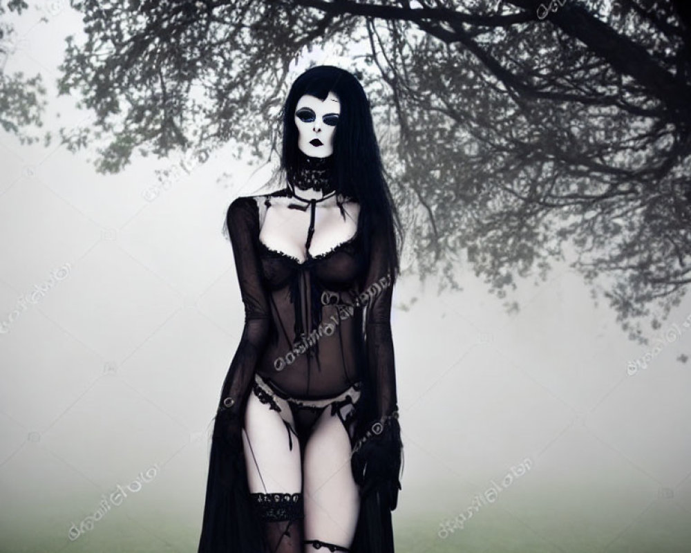 White-faced mask person in gothic lingerie under foggy tree