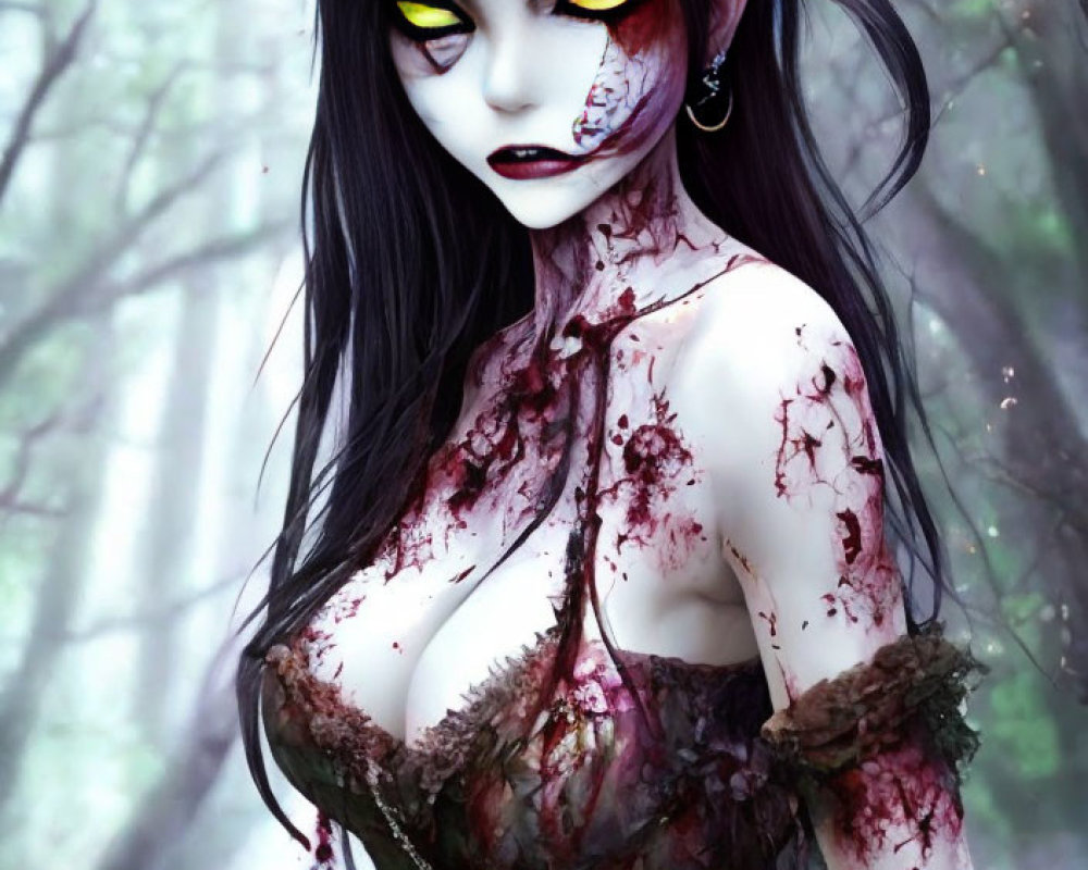 Digital artwork: Zombie woman with pale skin, bloody wounds, dark hair in misty forest