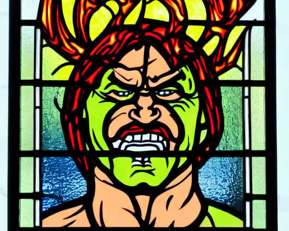 Fiery red and orange-haired figure in stained glass art