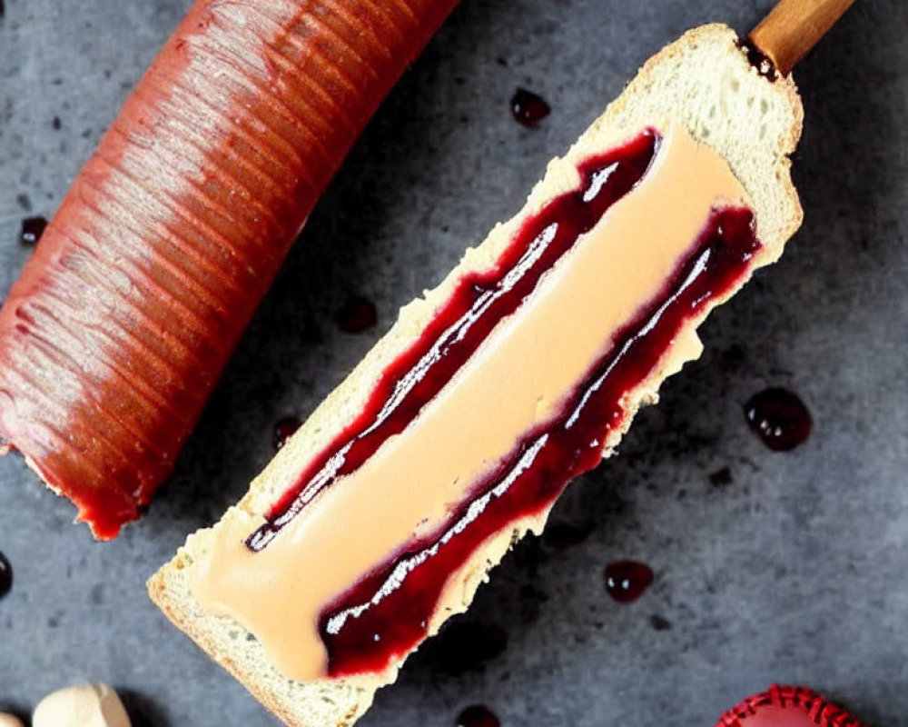 Creamy center popsicle with berry drizzle, rolling pin, and baseball on grey surface