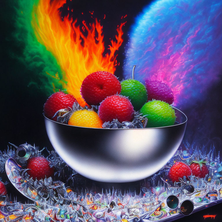 Colorful fruit bowl on crystal surface with fiery and icy plumes in background